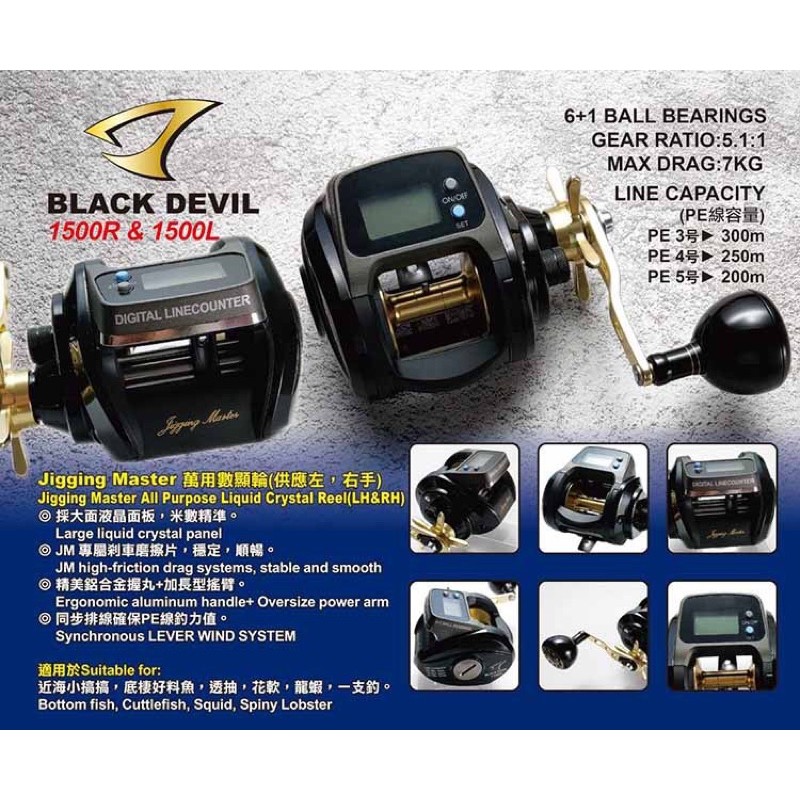 ◎百有釣具◎BLACK DEVIL 電子計米器 鼓式捲線器 /1500R右手~