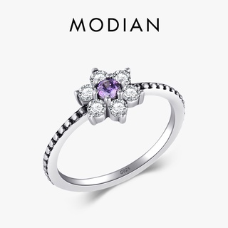 Modian 100% 真正 925 純銀紫水晶花朵戒指經典美麗手指戒指訂婚時尚首飾