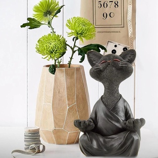 冥想貓雕像-異想天開的快樂貓佛戶外花園雕像藝術雕塑黑色仿真無毛動物模型人物樹脂雕像擺件