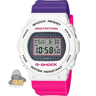 【CASIO】台灣卡西歐公司貨 G-SHOCK 復古格紋圓框撞色電子錶-白X桃紅X亮紫(DW-5700THB-7)