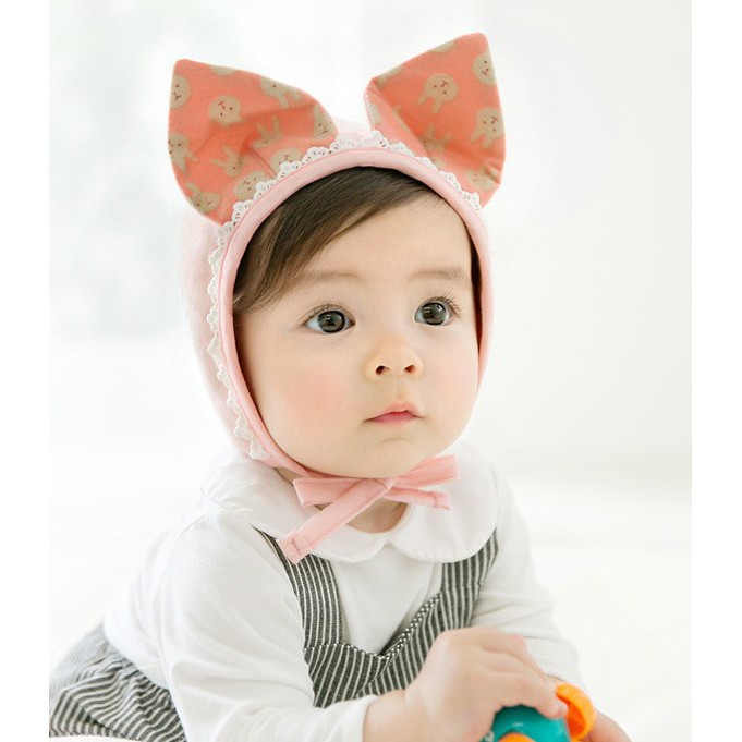 現貨 秋季款新生嬰兒帽男女寶兔子花邊貓耳朵護耳帽卡通全棉帽 (付)