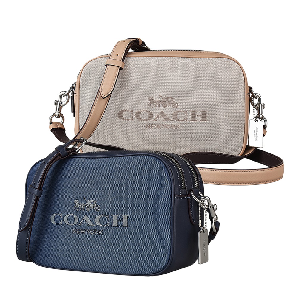 COACH JES CROSSBODY刺繡LOGO帆布滾邊牛皮雙拉鍊斜背相機包(兩色)