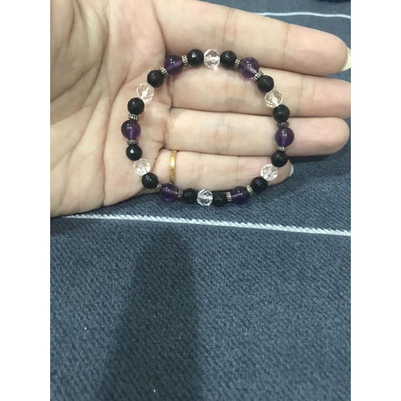 紫水晶設計款 紫水晶+黑碧璽鑽切+白水晶鑽切 手圍16