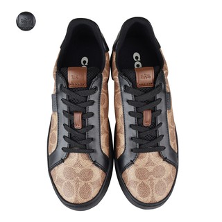 COACH專櫃款LOWLINE灰字LOGO塗層帆布飾皮革低筒休閒運動鞋(卡其x黑)