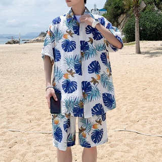 休閒套裝 套裝男 花襯衫套裝 男生衣服 沙灘套裝 寬鬆百搭襯衫 襯衫男 兩件套 穿搭套裝 潮流穿搭 夏威夷 寬鬆短袖套裝