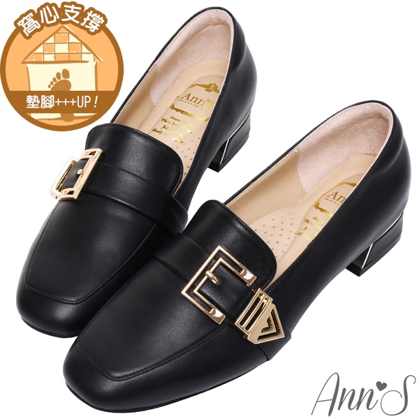 Ann’S鏤空造型金扣頂級綿羊皮平底樂福鞋3cm-黑