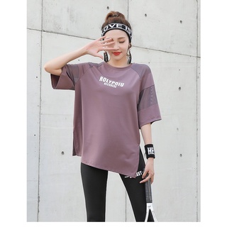 M-5XL 大尺碼韓版運動套裝女健身運動兩件套大碼寬鬆遮肉網紗拼接時尚運動短袖上衣高腰修身顯瘦速乾瑜伽跑步運動褲打底%棉