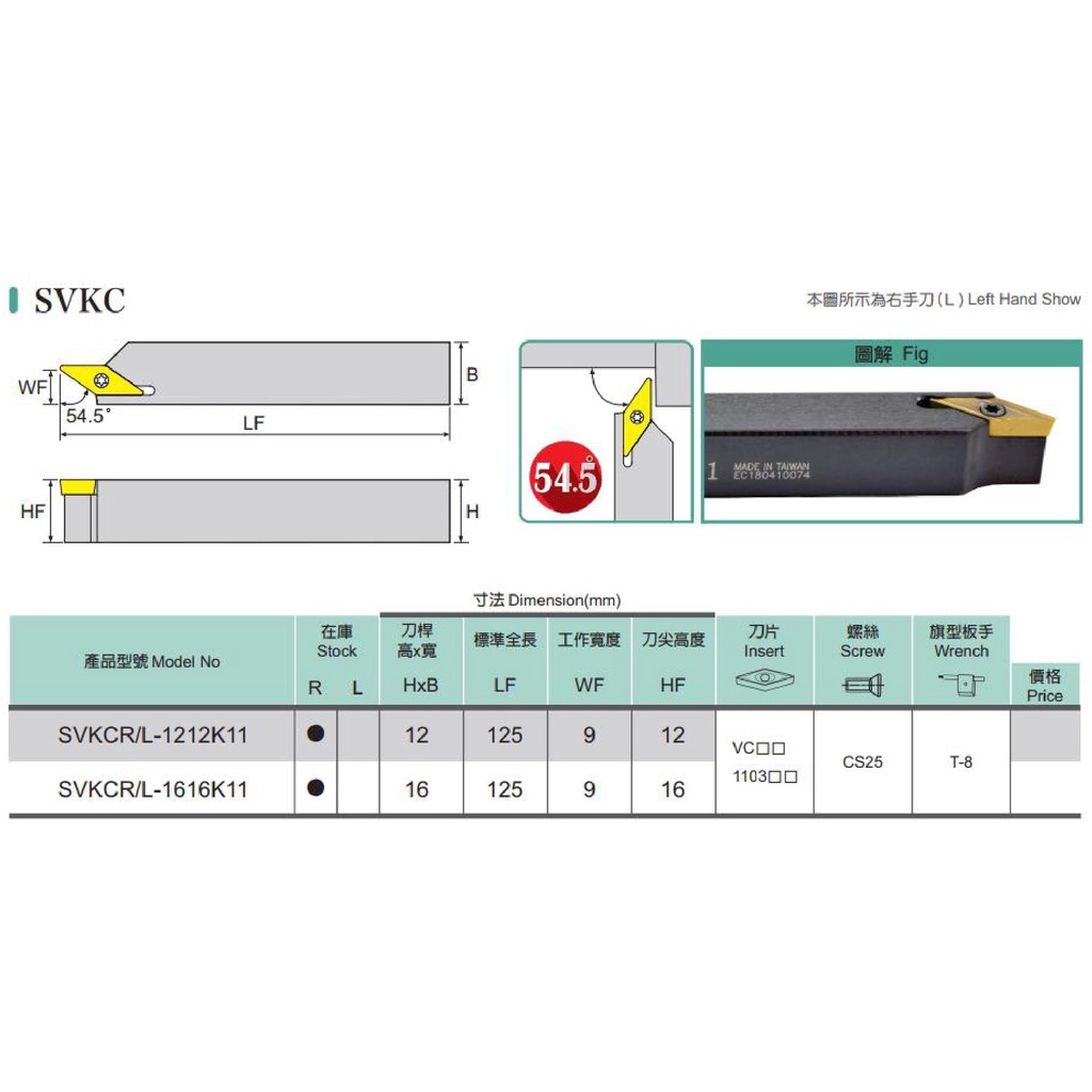 外徑車刀架 外徑車刀 外徑刀架 SVKC 54.5D 走心式車刀 價格請來電或留言洽詢