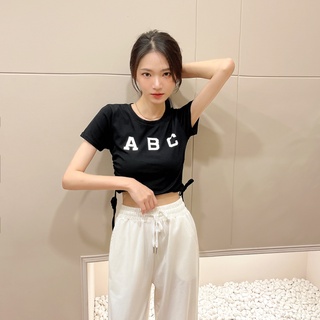 ABC抽繩合身T【525 】Sandy33女裝批發春夏新款韓系INS修身顯瘦氣質短版抽繩圓領上衣 短袖上衣 女生上衣女