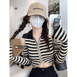 [READY STOCK] 復古POLO領露肩條紋針織衫2022不規則短版長袖上衣女