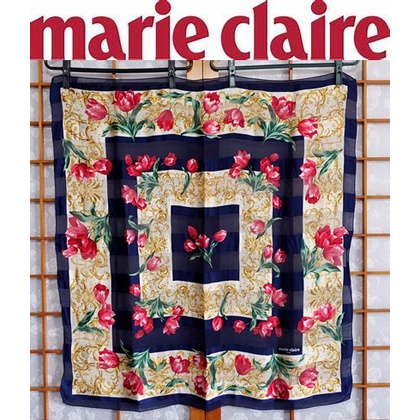 日本品牌【marie claire 美麗佳人】深藍圍邊 金魚草 純SILK絹絲 手工捲邊 大方絲巾~直購價399~🏆