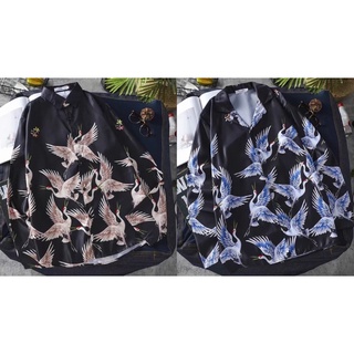 【裡歐服飾】港風復古仙鶴飛天印花襯衫(棕/藍款) 港風 印象 男裝 女裝 中性服裝 雅痞 花襯衫 穿搭 潮流 長袖 古典