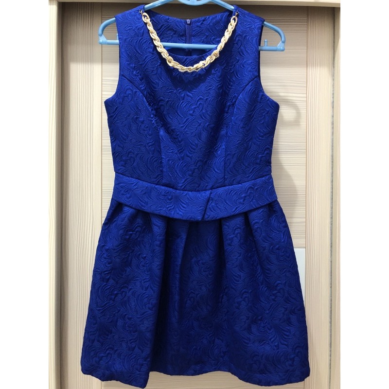 （宴會小禮服洋裝）寶藍色無袖 緹花布短裙洋裝