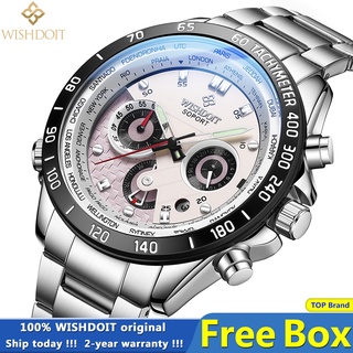 WISHDOIT [100% 原裝] 防水男士手錶不銹鋼錶帶石英模擬手錶男士商務運動多功能日曆夜光時尚手錶