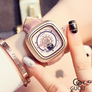 香港GUOU歐美英倫範大錶盤手錶簡約復古學院風皮帶日曆手錶8150