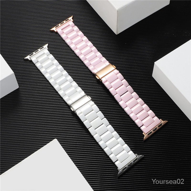 粉色陶瓷不銹鋼商務錶帶 適用蘋果手錶Apple watch 45678代陶瓷錶帶 iwatch 8代SE蘋果陶瓷三珠錶帶