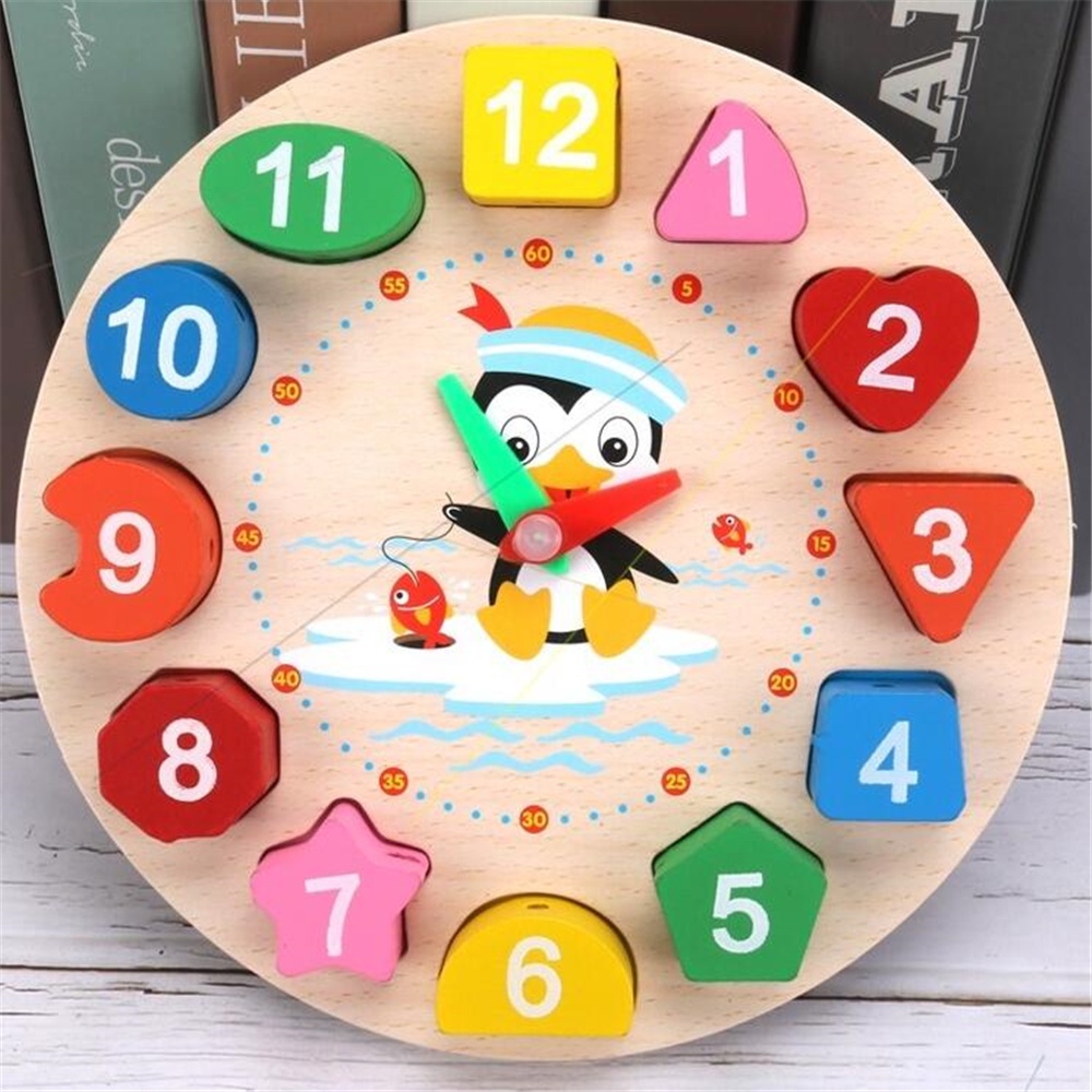 木製時鐘益智卡通動物形狀七巧板認知數字時鐘兒童早教木製拼圖 企鵝數字串珠時鐘 3D立體拼圖 串珠玩具