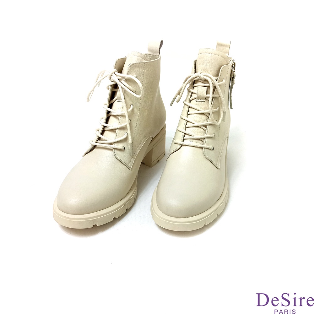 【DeSire】率性風格真皮拉練粗跟短靴-米白色(1337509-91)
