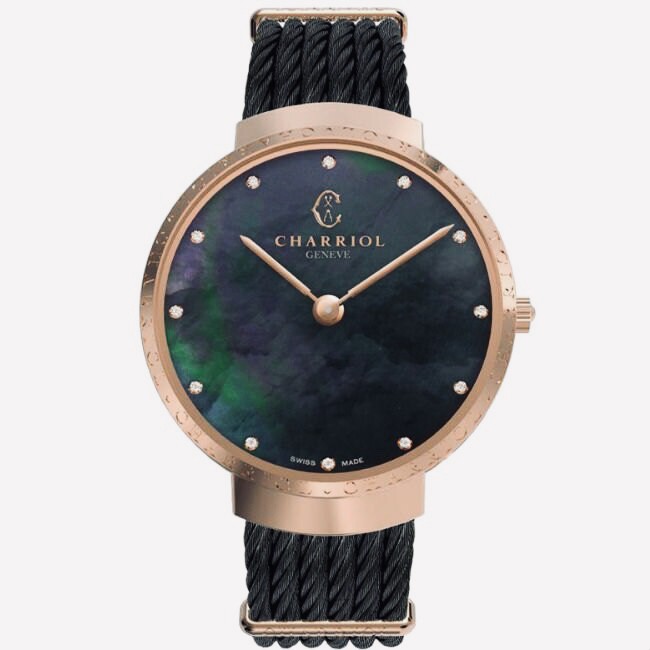 【公司貨】CHARRIOL夏利豪ST34CP565018Slim系列 珍珠母貝及鑽石黑鋼索腕錶34mm/麗寶錶樂園