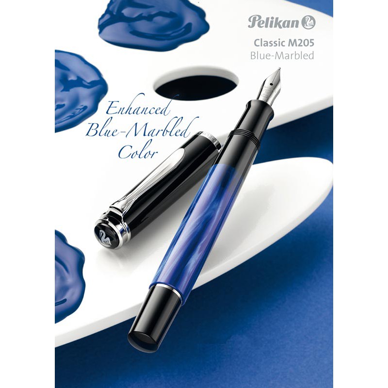 活塞上墨 銀尖銀夾【茉莉文具】德國 PELIKAN 百利金 M205 藍色花紋 鋼筆 BLUE MARBLE