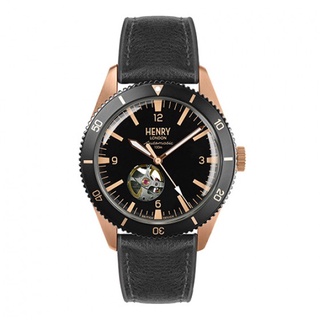 HENRY LONDON 英國設計師品牌手錶 | 英倫淺水風機械潛水錶-黑面x玫瑰金色指針x仿皮黑色膠帶