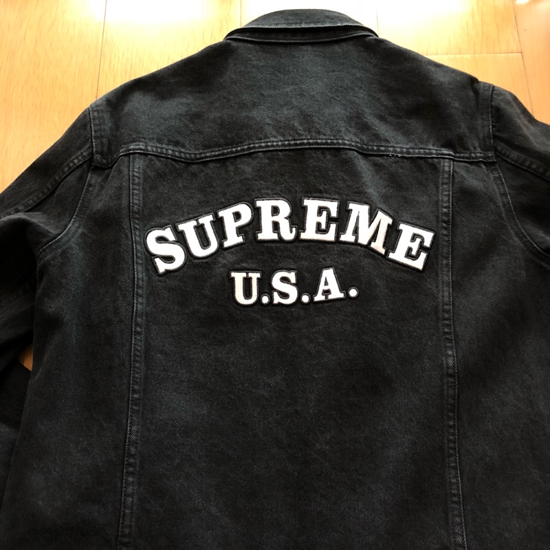 SUPREME SS16 DENIM TRUCKER JACKET 牛仔外套 黑色 水洗 LOGO