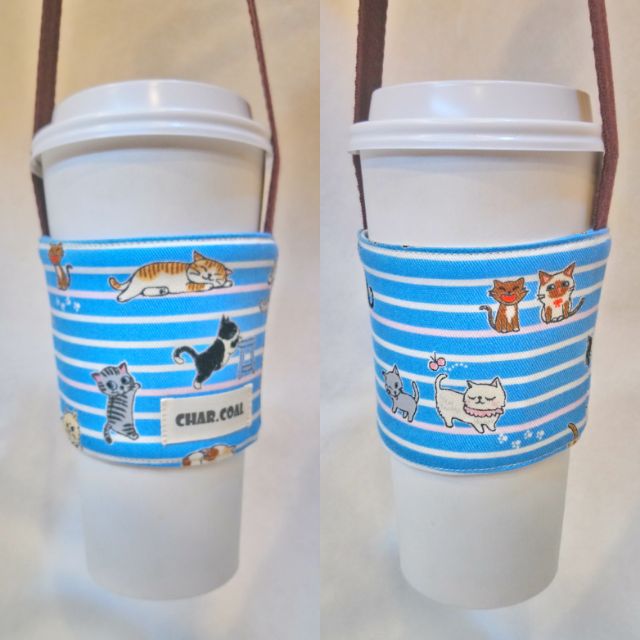 [小黑炭手作舖 CHAR.COAL] 淘氣貓 探險 玩毛線 環保杯套 飲料提袋 咖啡提袋