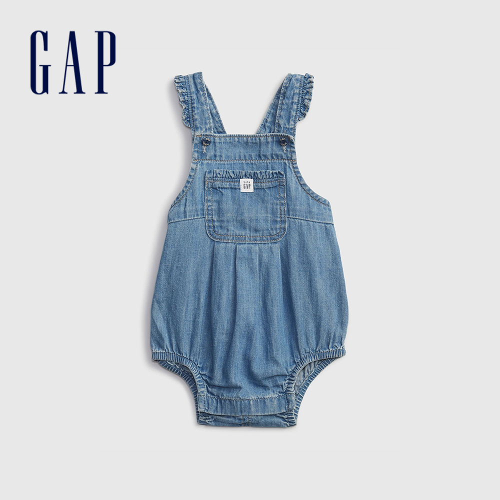 Gap 嬰兒裝 俏皮花邊吊帶牛仔包屁衣-中度水洗藍(681796)