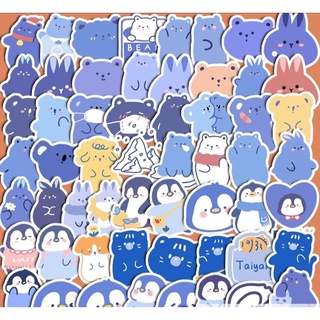 （現貨，新北）🌸韓國ins可愛藍色系企鵝 小熊 兔子 100張不重複防水貼紙 手機殼 安全帽 水壺筆記本 相冊裝飾貼