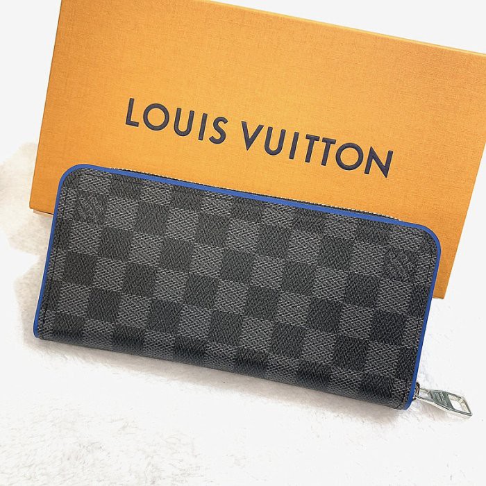 二手旗艦louis Vuitton N 黑灰棋盤格藍邊14卡拉鍊長夾男用皮夾 中友店 蝦皮購物