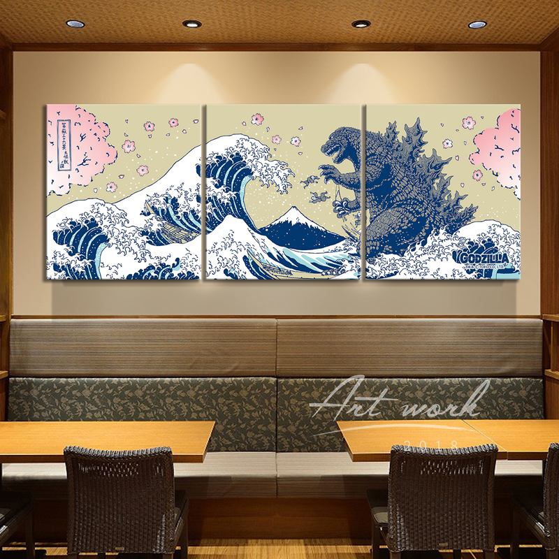 極有家 實木框畫 浮世繪 哥吉拉裝飾畫 日系風格 神奈川衝浪裡 富士山 哥吉拉壁畫 日式餐廳居酒屋掛畫 餐廳掛畫玄關掛畫