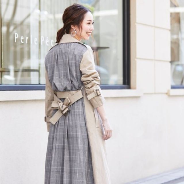 日本品牌perle Peche 全新正品現貨日本製背面格紋拼接長版風衣 蝦皮購物