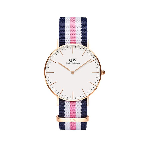 【DW】CLASSIC瑞典時尚品牌經典簡約尼龍腕錶-白粉藍x玫金-36mm/DW00100034/原廠公司貨兩年保固