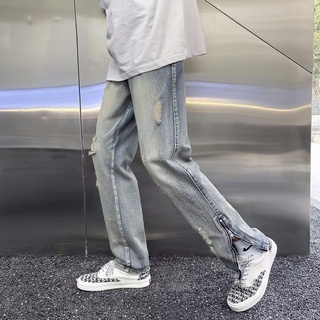 【S-3XL】側拉鍊破洞牛仔褲男士高街設計開衩直筒夏季復古藍長褲