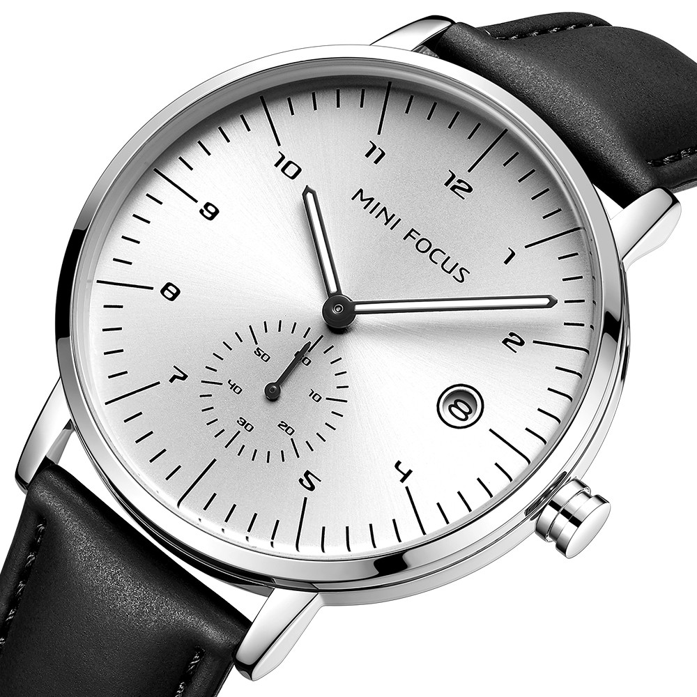 Mini FOCUS MF0303 超薄時尚男士手錶皮革錶帶模擬石英手錶防水手錶