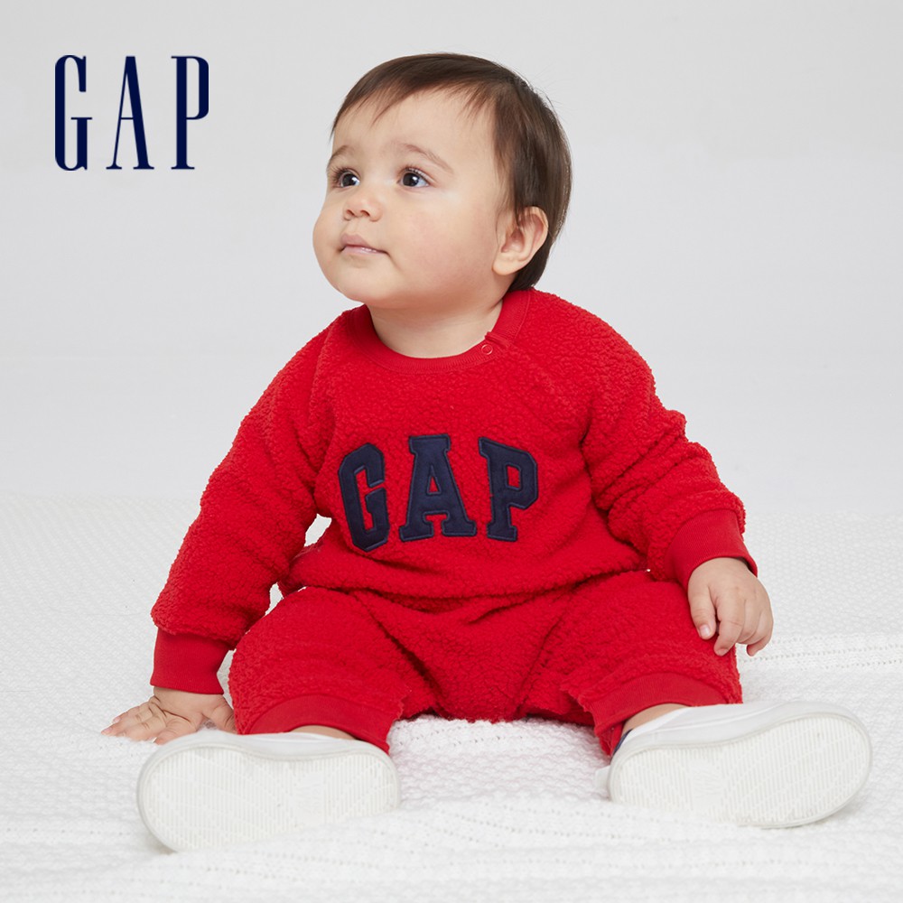 Gap 嬰兒裝 Logo仿羊羔絨長袖包屁衣-紅色(665534)
