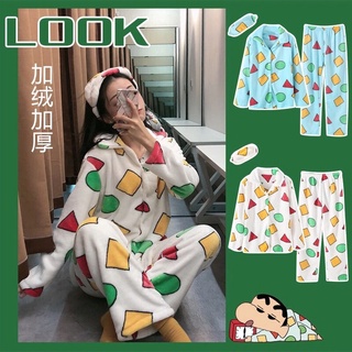 〔臺灣🇹🇼賣家〕現貨+預購開發票男女款式 情侶睡衣蠟筆小新同款睡衣女冬加厚ins卡通長袖可愛套裝法蘭絨家居服情侶