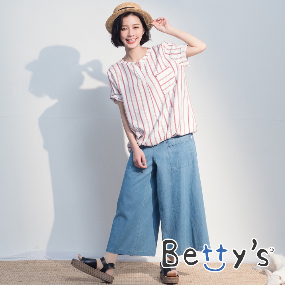 betty’s獨家(01)前口袋彈性腰圍牛仔寬褲 (淺藍)