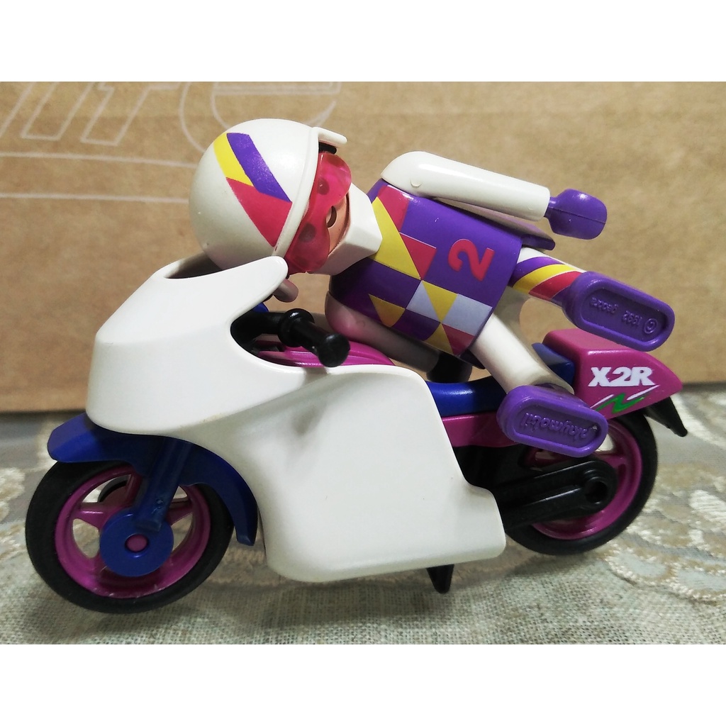 【摩比小棧】德國 PLAYMOBIL 二手摩比 #089 重型摩托車與騎士(紫)【摩比老件】