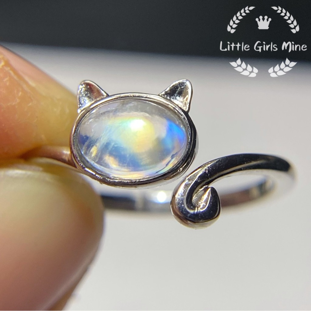 天然石-輕珠寶-貓咪造型-玻璃體彩虹月光石戒(純銀)