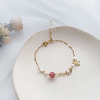 Happiness 獨特設計星星月亮粉嫩草莓晶甜美珍珠手鏈 手鍊 手環 首飾 飾品