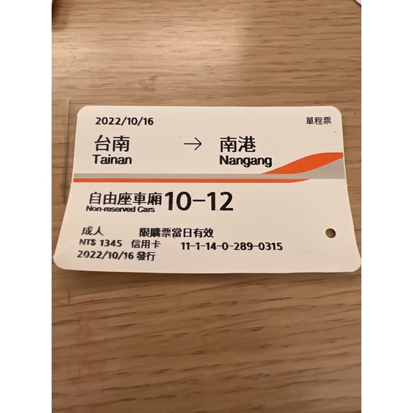 高鐵票根-2022年 10/16台南-南港