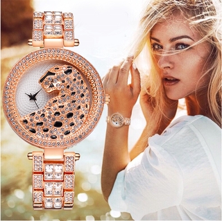 女士石英手錶時尚水鑽豹紋女士手錶女金色不銹鋼手錶