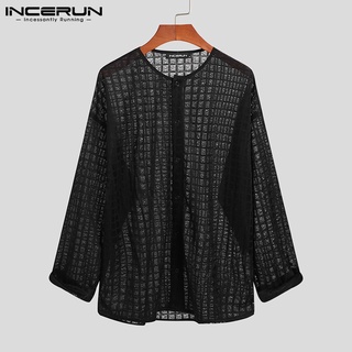 INCERUN 男士時尚網紗格紋透明長袖防曬休閒襯衫