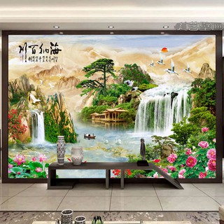 新品現貨 3d視背景墻壁紙山水畫壁畫5d立體客廳沙發背景整張無縫影視墻畫風水畫國畫山水畫字畫客廳裝飾畫轉運開運幸
