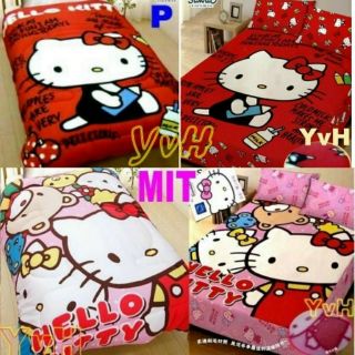 =YvH=刷毛床包毯被四件組 雙人 Kitty 床包+枕套2+厚鋪棉暖暖被 台灣製 日本三麗鷗授權