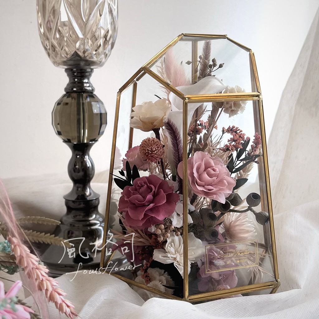 永生玫瑰繡球法式藕粉色系桌上乾燥花禮鑽石玻璃花盒 DT0100