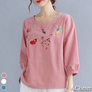 【ACheter】玲瓏花刺繡棉麻七分袖寬鬆上衣110134