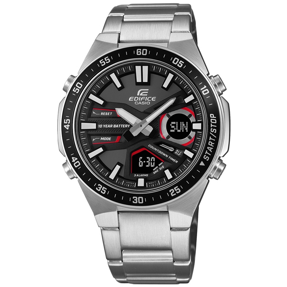 EDIFICE CASIO / 卡西歐 十年電力 雙顯 不鏽鋼手錶 黑紅色 / EFV-C110D-1A4 / 47mm