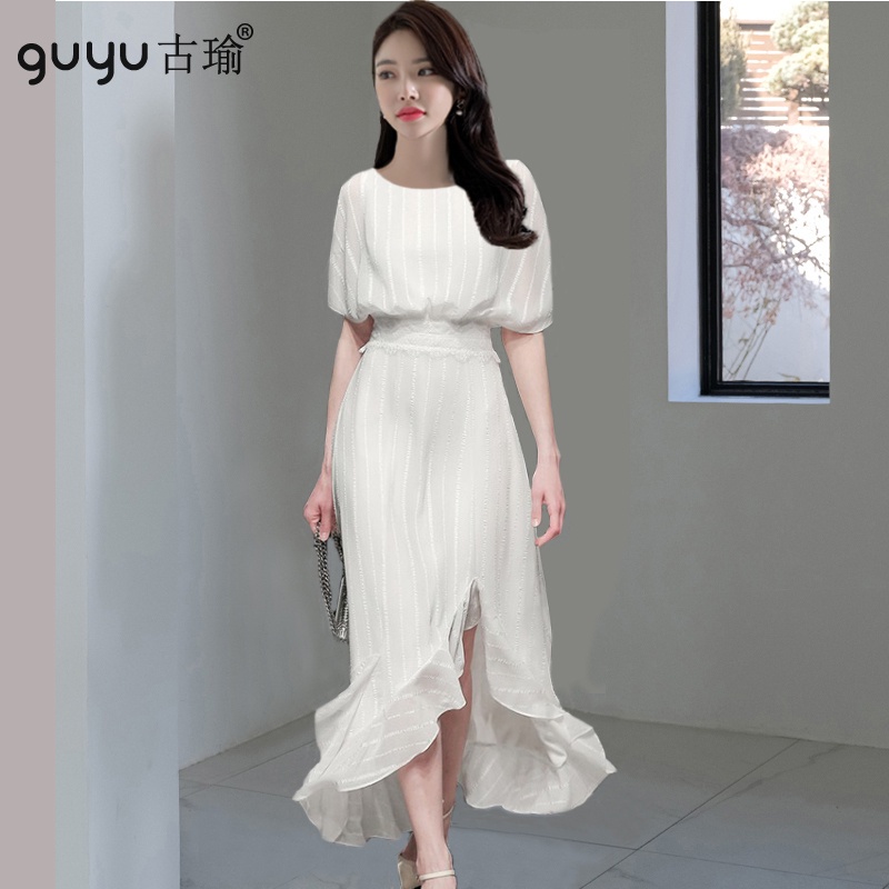 白色仙女洋裝【現貨S-XL】2022夏裝新款船領短袖收腰長洋裝優雅宴會禮服